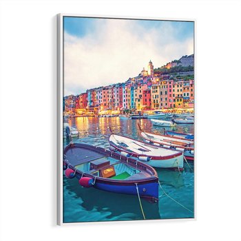 Obraz w ramie 80x120 - Tańczące kolory zachodu - nadmorskie kolorowe miast, kolorowe budynki na brzegu - rama biała