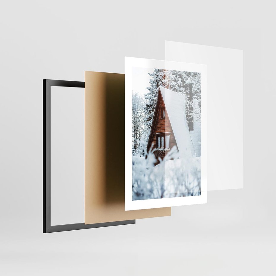 Plakat w ramie 30x40 - Zimowe Ustronie w Lesie - domek w lesie, zimowy las - rama czarna