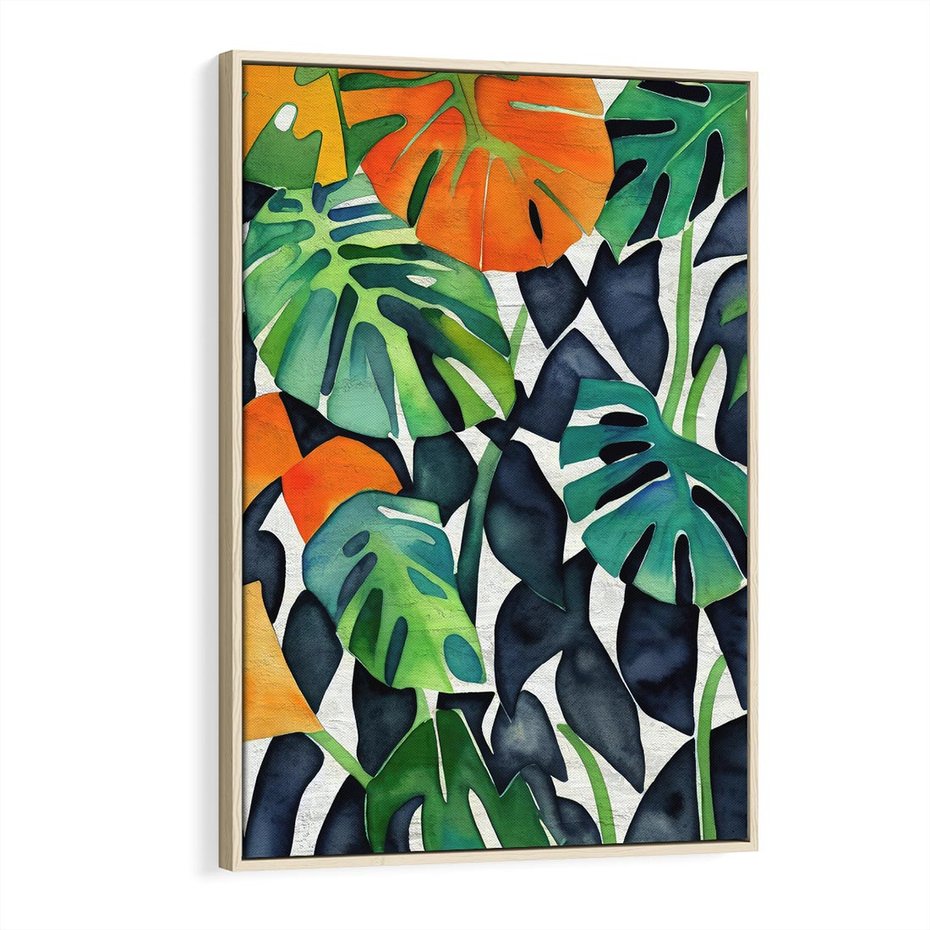 Obraz w ramie 80x120 - Tropikalne Pragnienia - akwarela, liście tropikalne - rama drewno