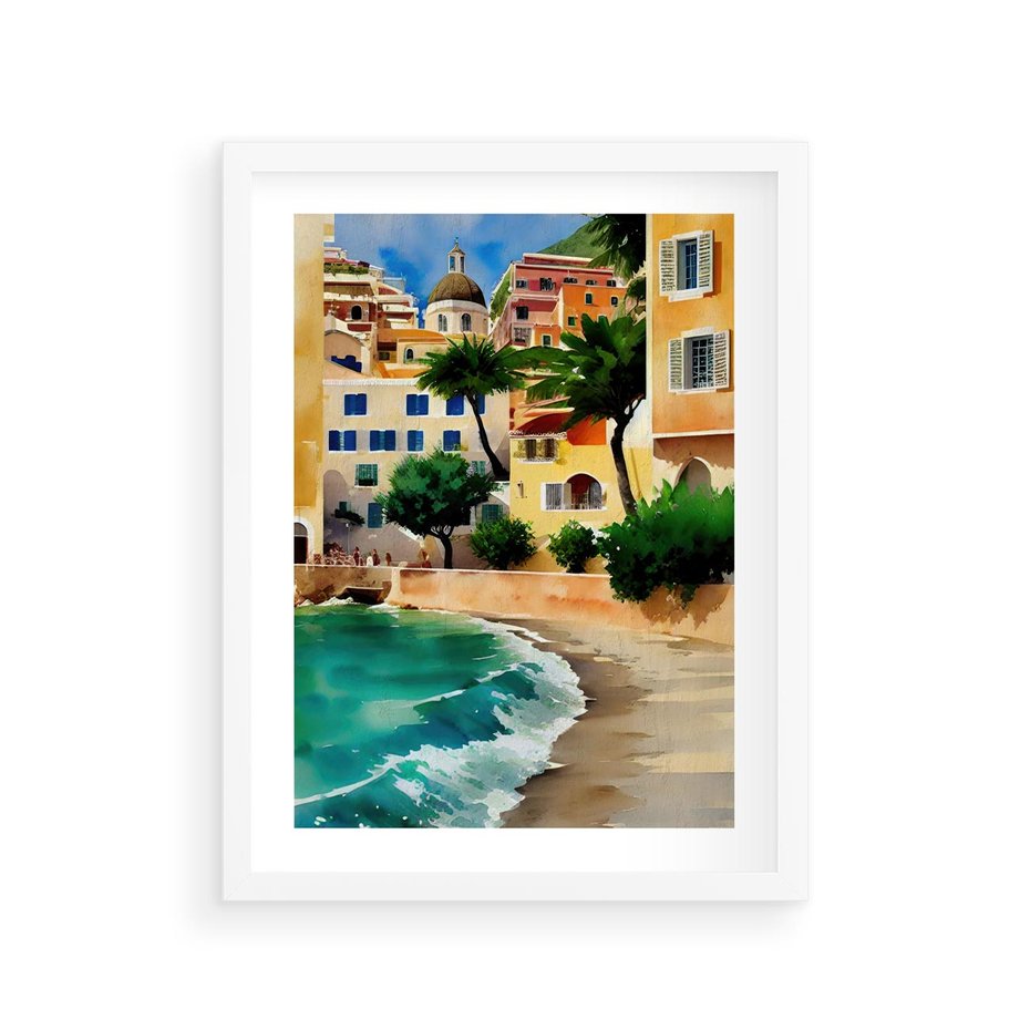 Plakat w ramie 30x40 - Zamieszkajmy Tu - akwarela, śródziemnomorski klimat - rama biała