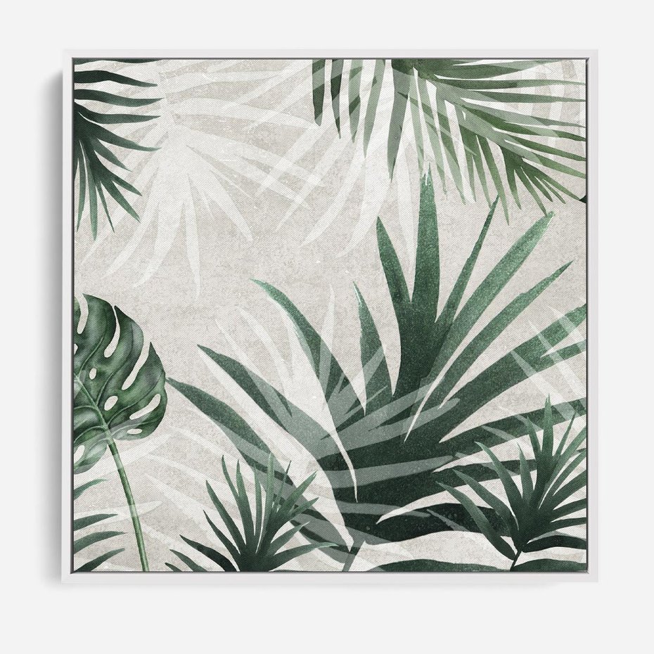 Obraz w ramie 50x50 - Tropikalne Akwarele - tropikalne liście, akwarela - rama biała