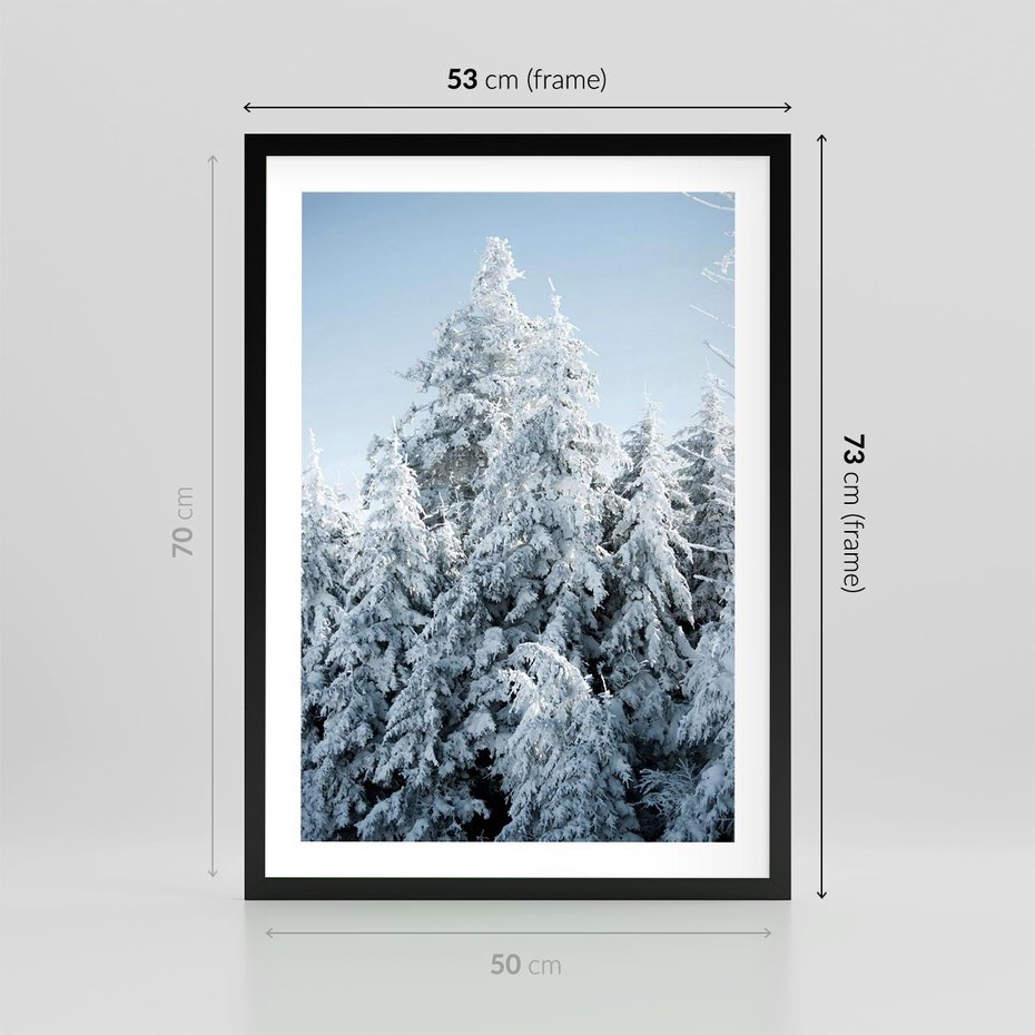 Plakat w ramie 50x70 - Magia Śnieżnych Drzew - zima, iglaste drzewa - rama czarna