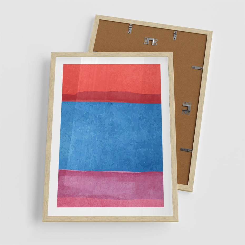 Plakat w ramie 50x70 - Migocące Formy - kolorowe akwarelowe pasy, odcienie czerwień - rama drewno