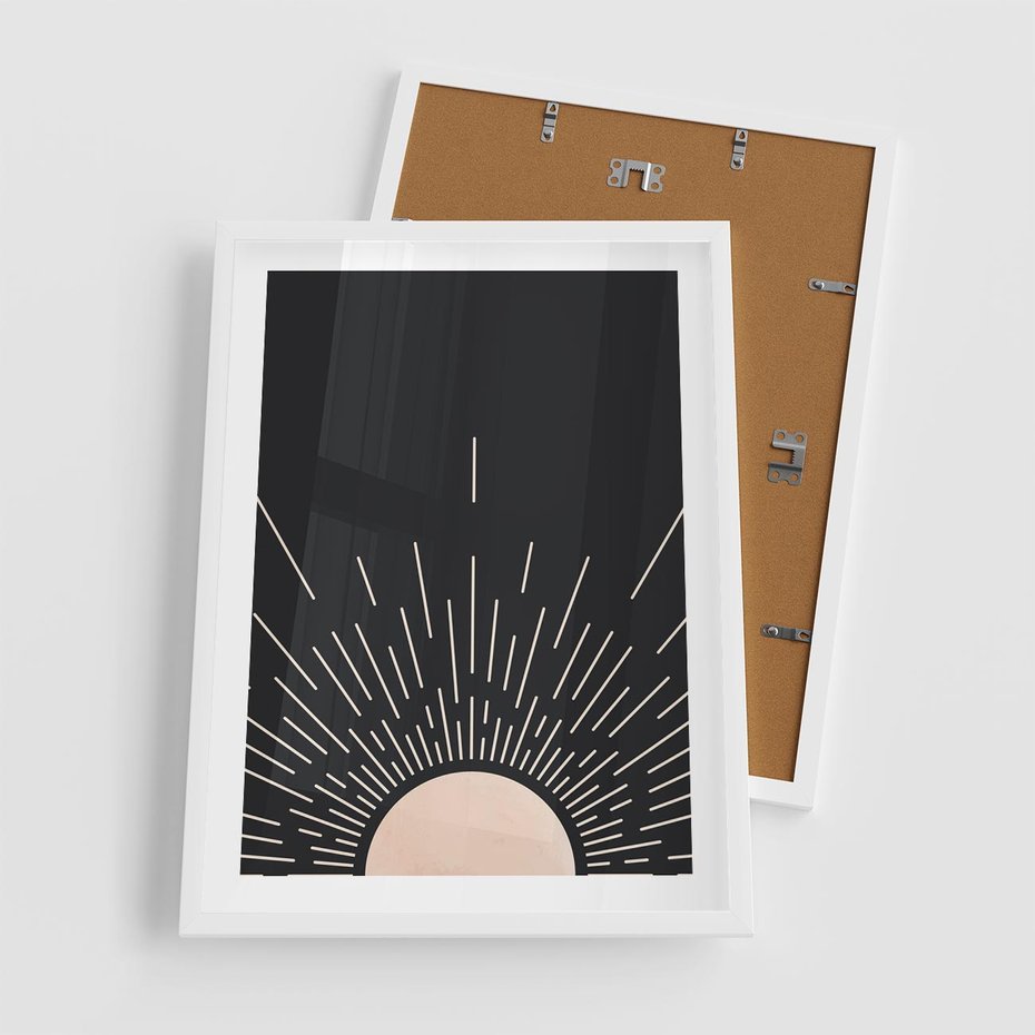 Plakat w ramie 50x70 - Słoneczny Portret Duszy - boho czarne słońce, nowoczesna grafika - rama biała