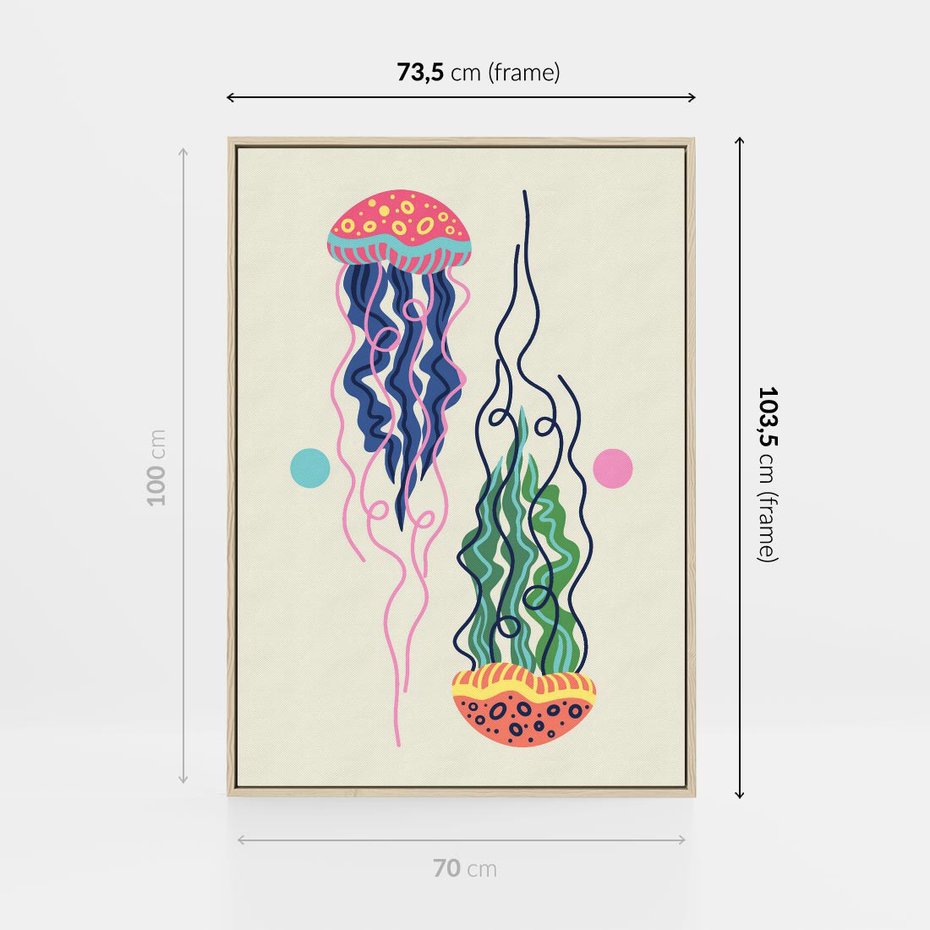 Obraz w ramie 70x100 - Morskie Pulsacje - nowoczesny optymistyczny plakat, kolorowe meduzy - rama drewno