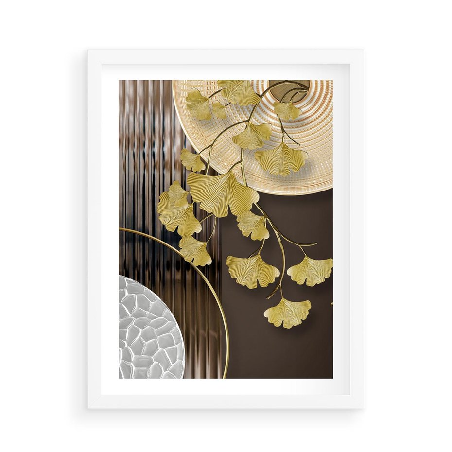Plakat w ramie 50x70 - Magia Jesieni - złote, liście - rama biała