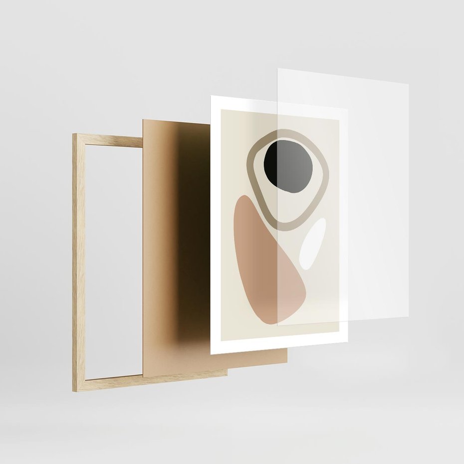 Plakat w ramie 50x70 - Beżowa Synergia - beżowa abstrakcyjna kompozycja, czarny akcent - rama drewno