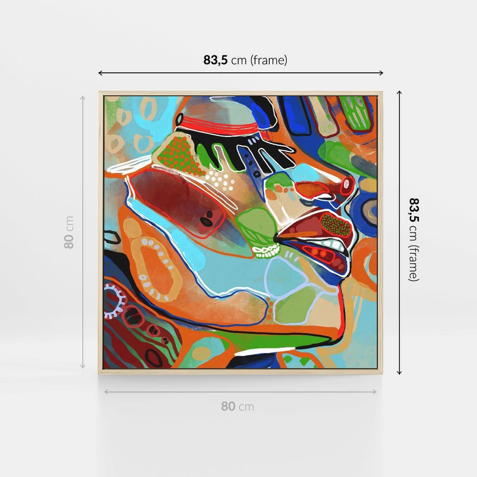 Obraz w ramie 80x80 - Kolorowe Wnętrza Kształtów - abstrakcyjny portret kobiety, twarz - rama drewno