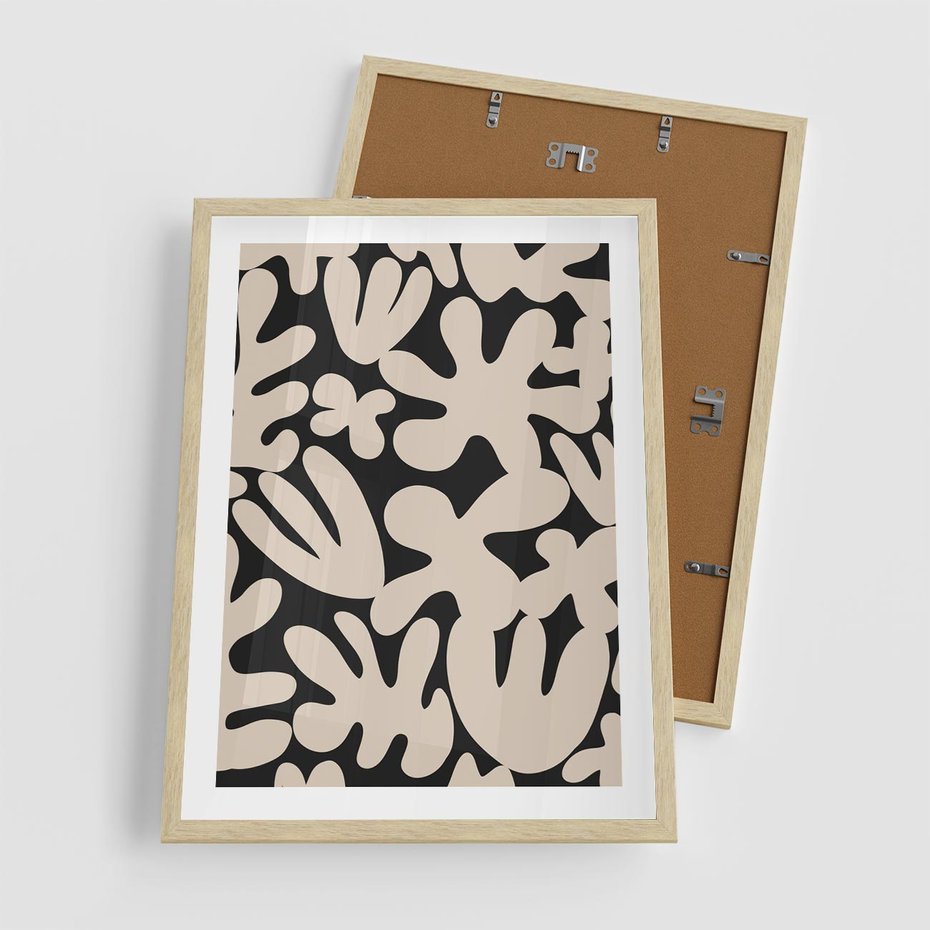 Plakat w ramie 50x70 - Księga Ukrytych Widoków - abstrakcyjne czarno białe formy, minimalizm - rama drewno