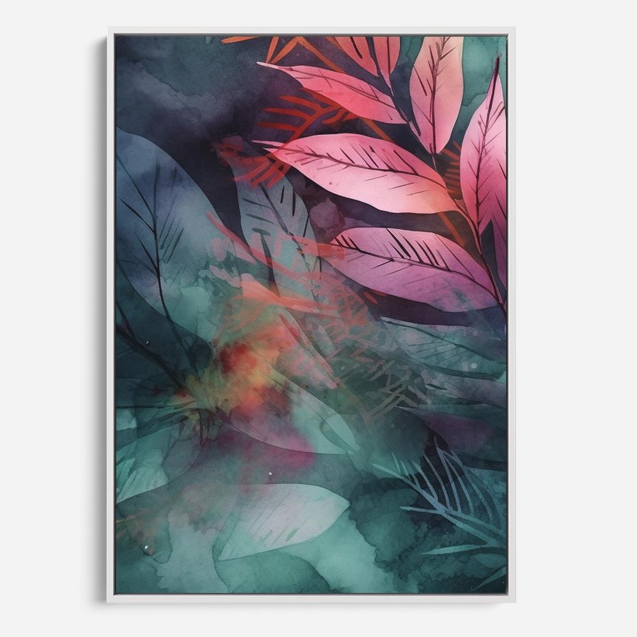 Obraz w ramie 50x70 - Subtelne Zielone - pastelowe zielone liście, róż - rama biała