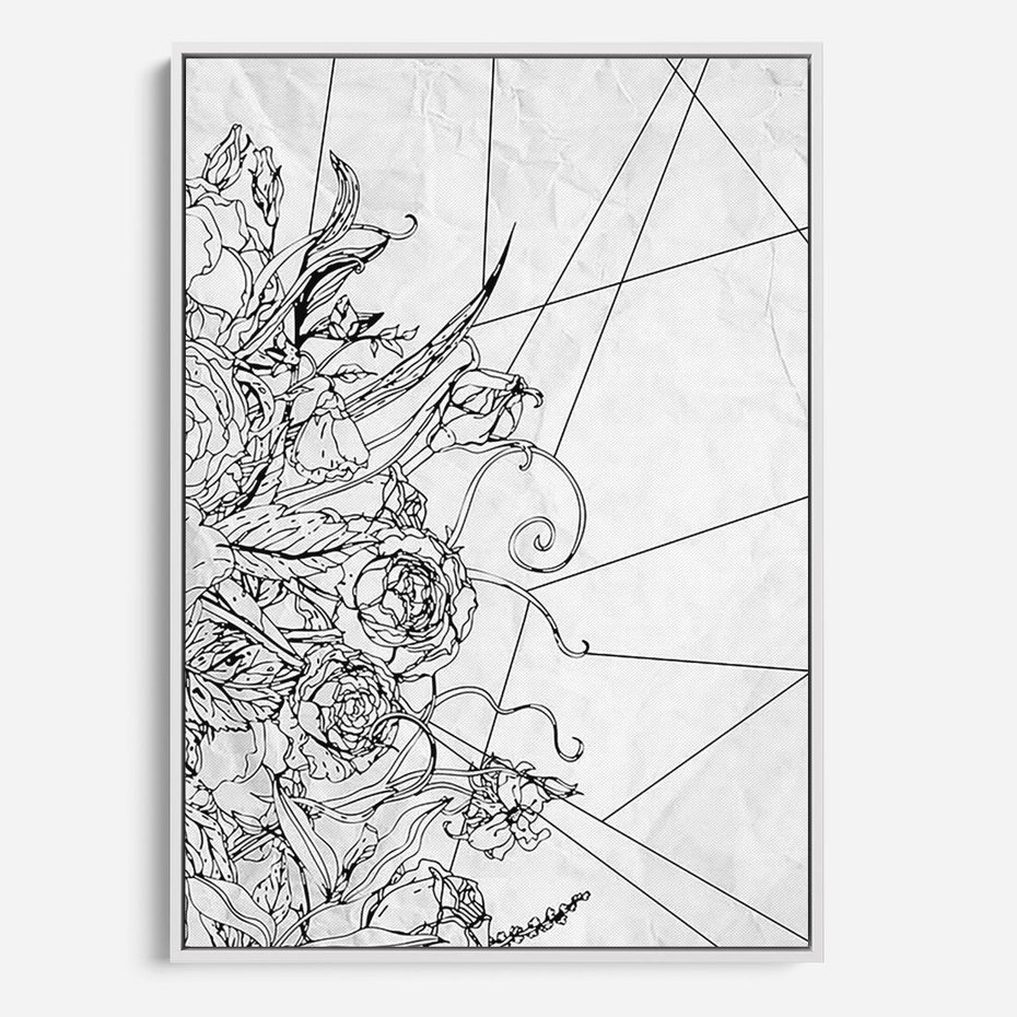 Obraz w ramie 70x100 - Refleksje w martwym punkcie - graficzny szkic, kompozycja kwiatów - rama biała