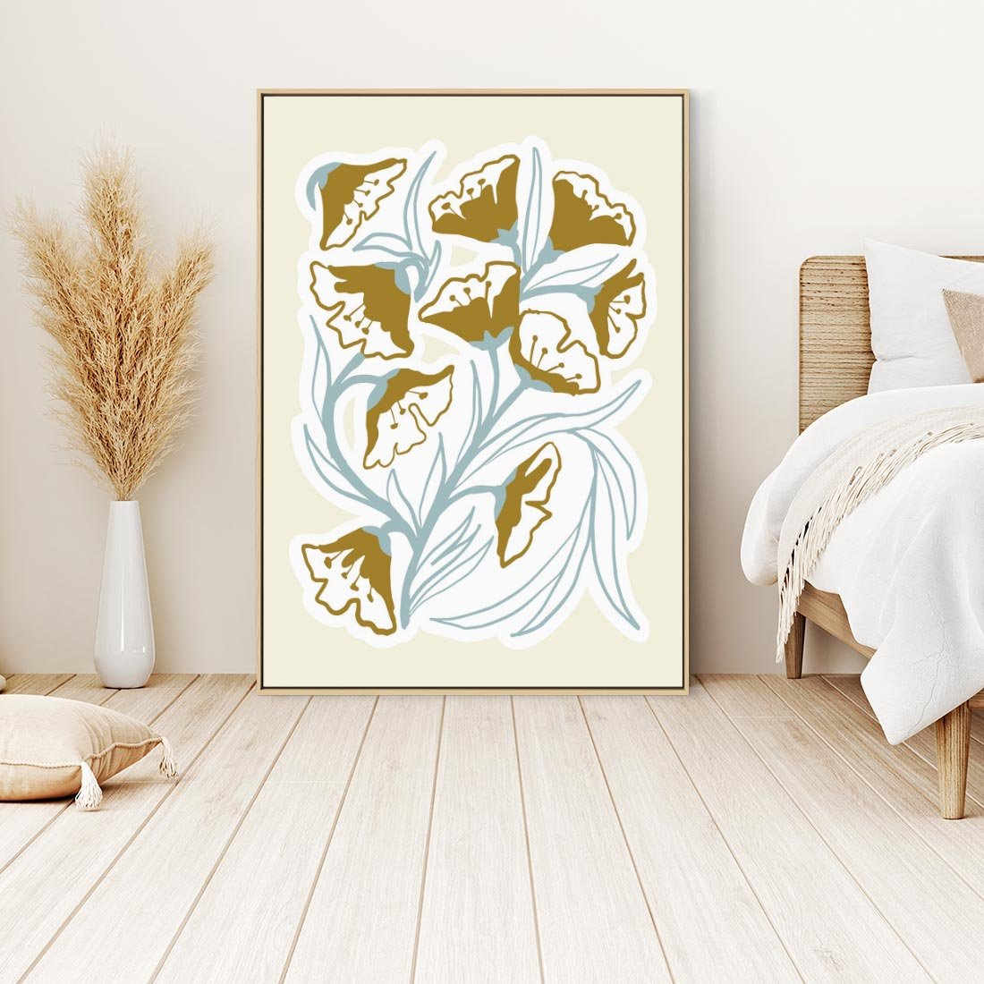 Obraz w ramie 70x100 - Wibracje Widzenia - abstrakcyjne beżowe kwiaty, elegancka kompozycja - rama drewno