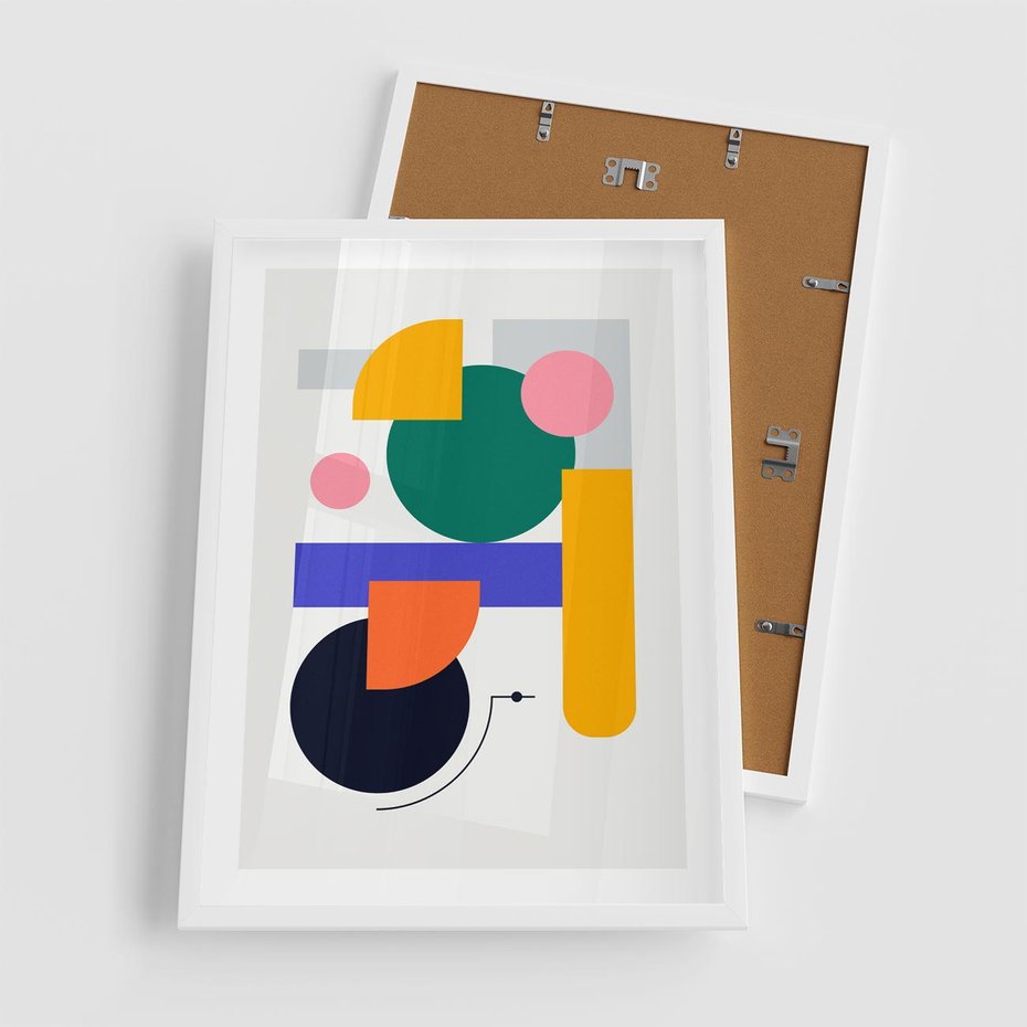 Plakat w ramie 50x70 - Przestrzenne Innowacje - nowoczesna sztuka, geometryczna kolorowa grafika - rama biała