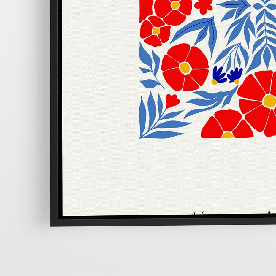 Obraz w ramie 50x50 - Tajemnicza Droga - nowoczesna kwiatowa kompozycja, czerwony i niebieski - rama czarna