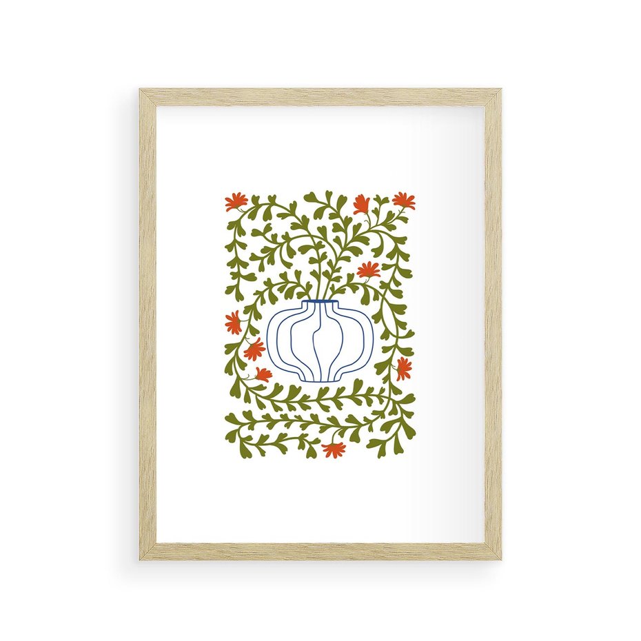 Plakat w ramie 30x40 - Wewnętrzne Fale - kwiaty w wazonie, minimalizm - rama drewno