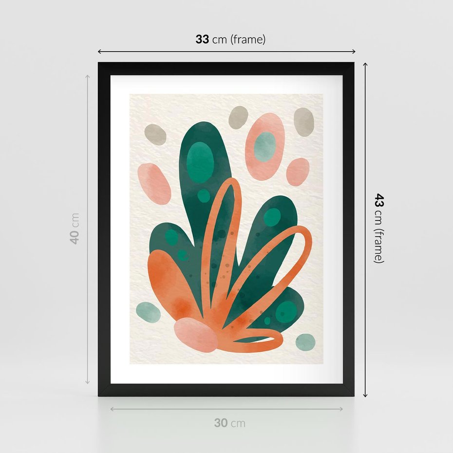 Plakat w ramie 30x40 - Harmonia bez Harmonii - akwarelowe abstrakcyjne kształty, zieleń i pomarańcz - rama czarna