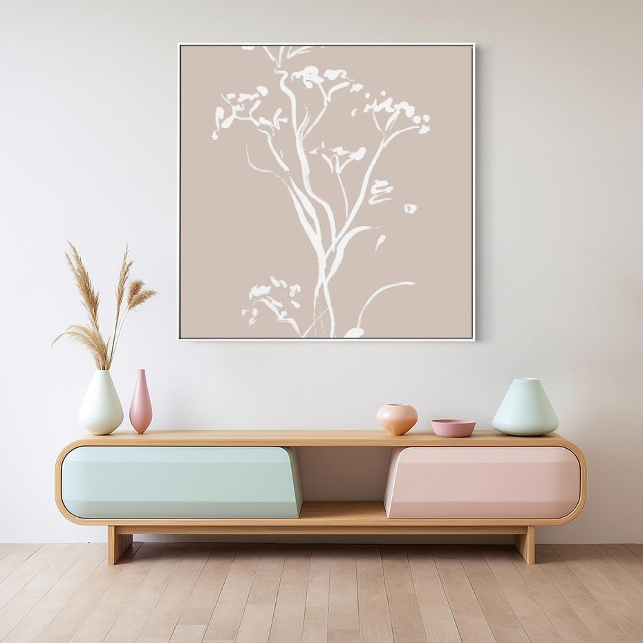 Obraz w ramie 80x80 - Harmonijne Mini Boho - minimalistyczny delikatny obraz, beżowe odcienie - rama biała