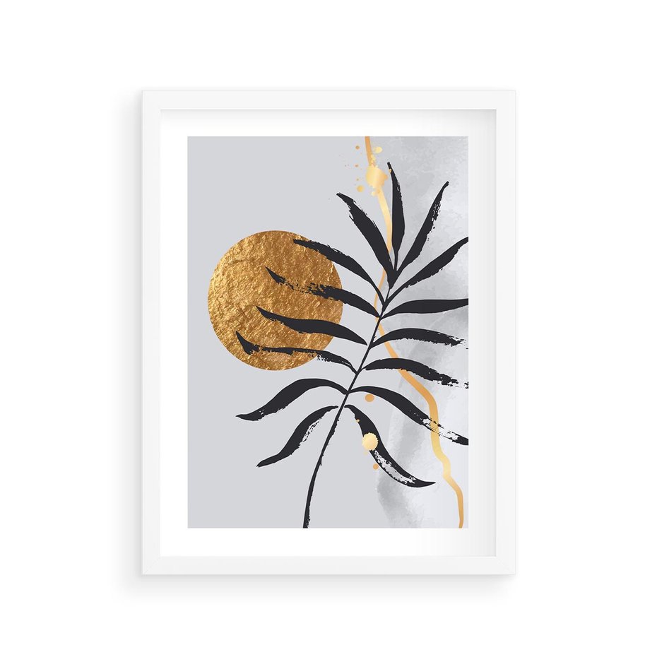 Plakat w ramie 30x40 - Grafika z Czarnym Liściem Palmy - czarny liść palmy, złóte kołó - rama biała