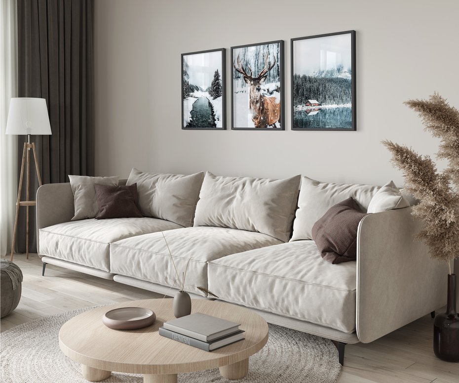 Zestaw obrazy w ramie 50x70 galeria - Jeleń, górska, chatka, zima - rama czarna