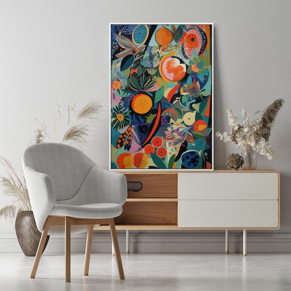 Obraz w ramie 80x120 - Echa Nietuzinkowych Wzorców - abstrakcyjny obraz olejny, jak picasso - rama biała