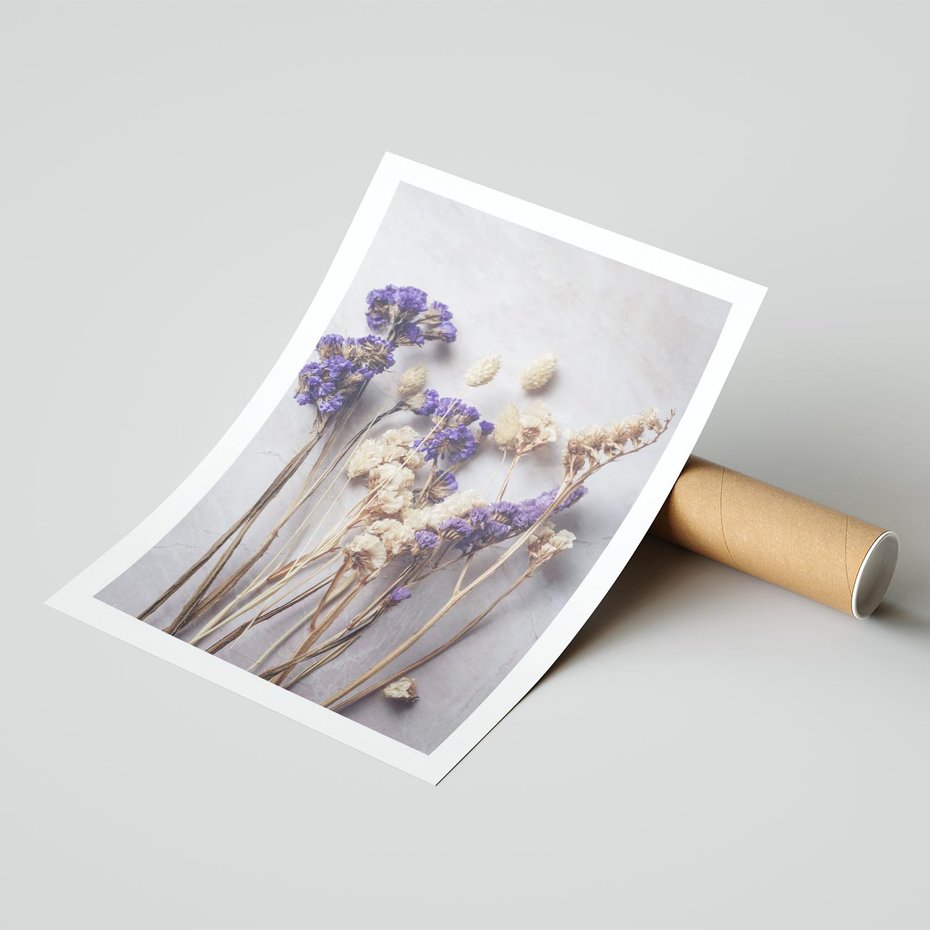 Plakat bez ramy 21x30 - Błękitno-Biała Harmonia - suszone kwiaty, błekitne