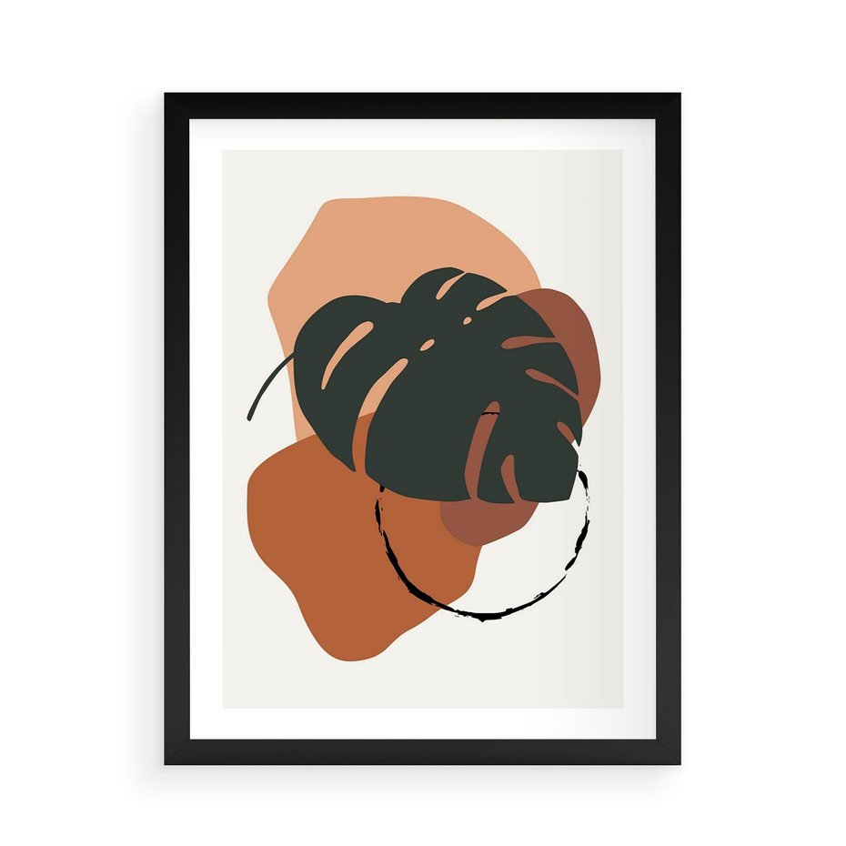Plakat w ramie 50x70 - Brązowa Ekspresja - liść monstery, boho obraz - rama czarna