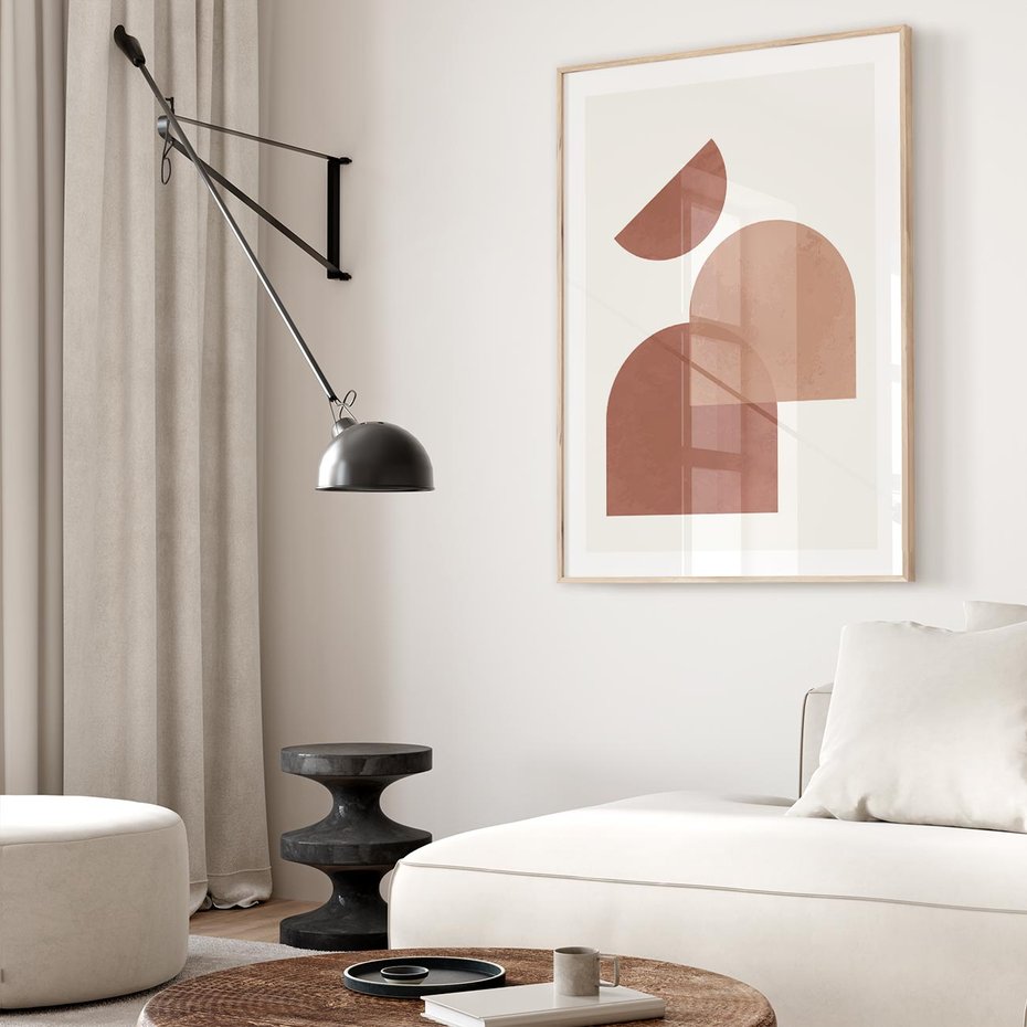 Plakat w ramie 50x70 - Harmonijne Widoki - abstrakcyjne geometryczne kształty, odcienie brązu i beżu - rama drewno