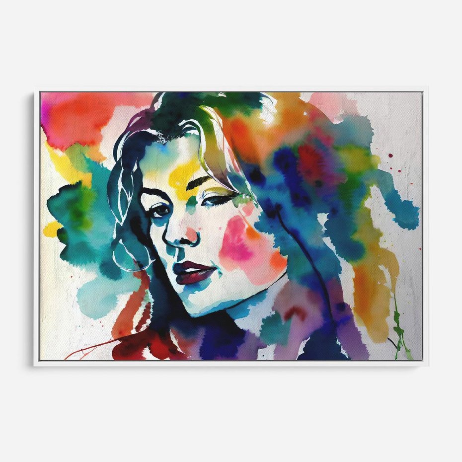 Obraz w ramie 70x50 - Abstrakcyjna ekstaza barw - abstrakcyjny portret kobiety, szkic czarną kreską - rama biała