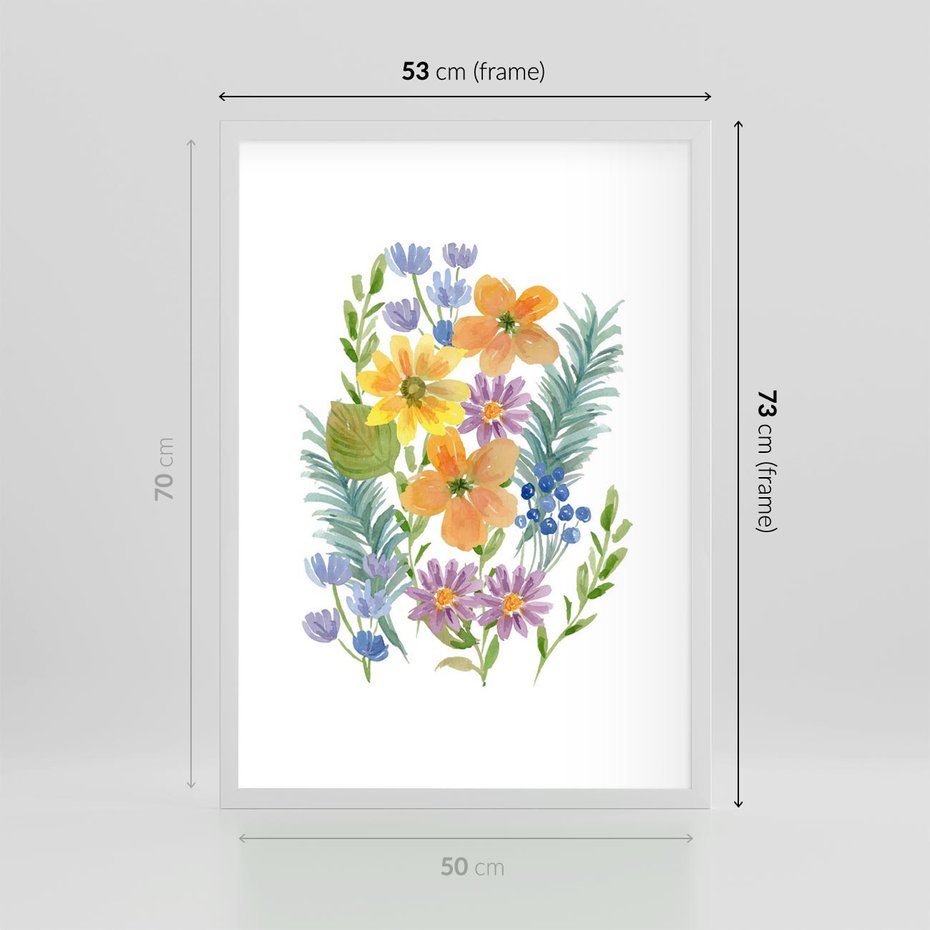 Plakat w ramie 50x70 - Migocące Widoki Kwiatów - akwarelowe polne kwiaty, minimalistyczny plakat - rama biała