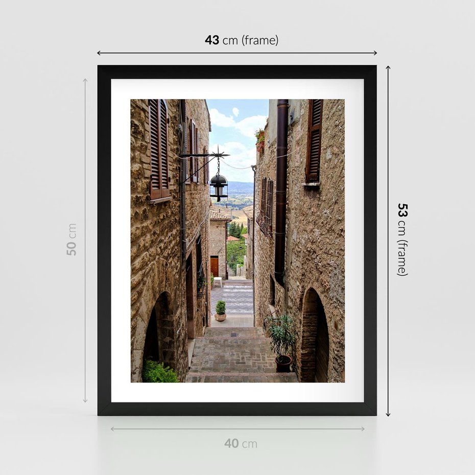 Plakat w ramie 40x50 - Perspektywa malowniczej uliczki - uliczka, perspektywa - rama czarna