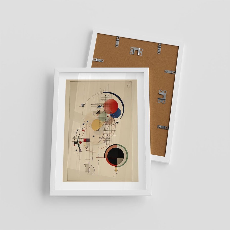 Plakat w ramie 30x40 - Impulsy Wydobyte z Cienia - abstrakcyjna geometryczna kompozycja, koła linie - rama biała
