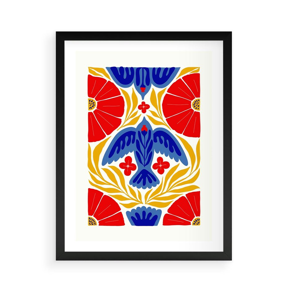 Plakat w ramie 50x70 - Eklektyczny Majestat - wyrazista grafika, mocne kolory czerwień niebieski żółty - rama czarna