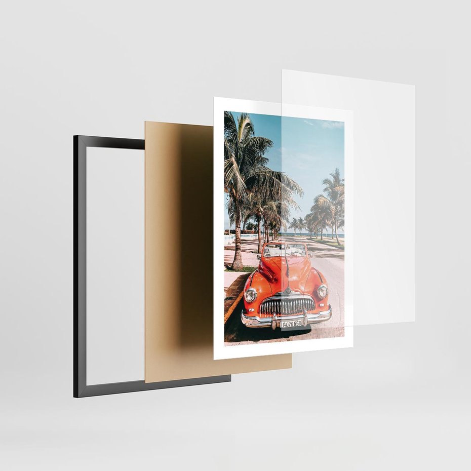 Plakat w ramie 50x70 - Retro Przejażdżka - pomarańczowy retro samochód, kabriolet - rama czarna