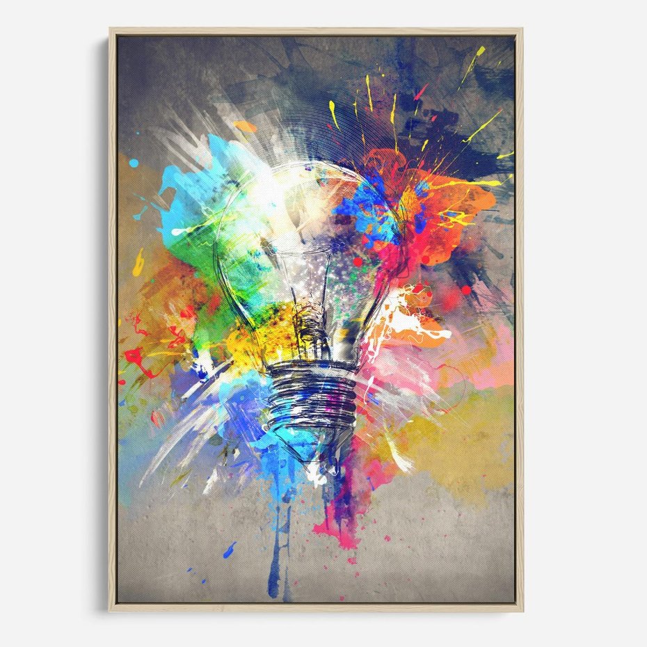 Obraz w ramie 80x120 - Kolory Kreatywnej Koncepcji - abstrakcyjna grafika, szkic żarówki - rama drewno