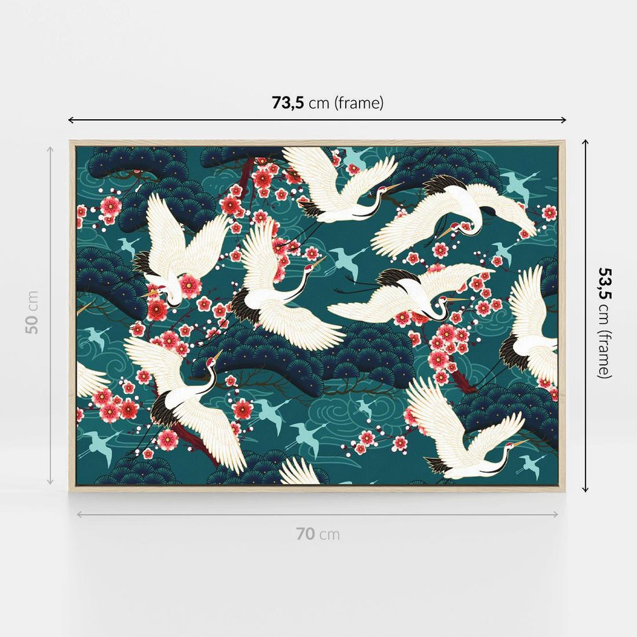 Obraz w ramie 70x50 - Żurawie Wachlarze - orientalne japońskie żurawie, grafika - rama drewno