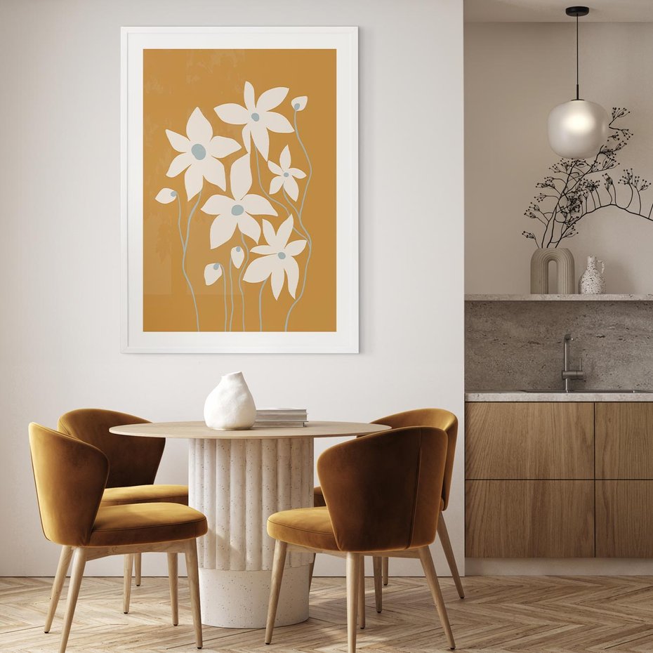 Plakat bez ramy 21x30 - Kwiatowy Spektakl - minimalistyczne kwiaty, na pomarańczowym tle