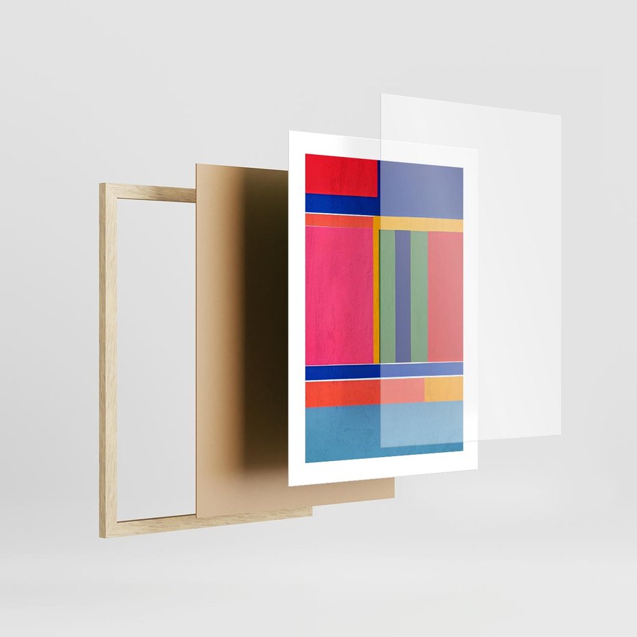Plakat w ramie 30x40 - Wnętrza Rozplątanych Barw - abstrakcyjny geometryczny obraz olejny, kolorowe pasy - rama drewno