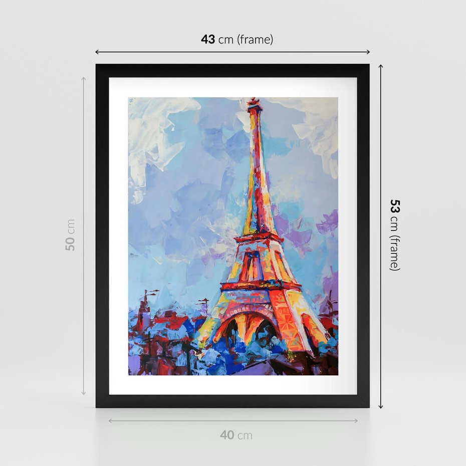 Plakat w ramie 40x50 - Paryska Wieża - olejny abstrakcyjny obraz, wieża eiffla - rama czarna