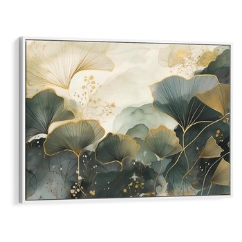 Obraz w ramie 120x80 - Natura w Złotym Odcieniu - złote elementy, liście miłorzębu japońskiego - rama biała