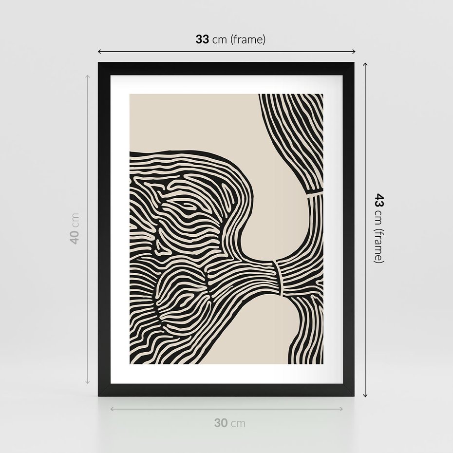 Plakat w ramie 30x40 - Harmonijne Kształty - abstrakcyjne ryciny, czarno biały - rama czarna