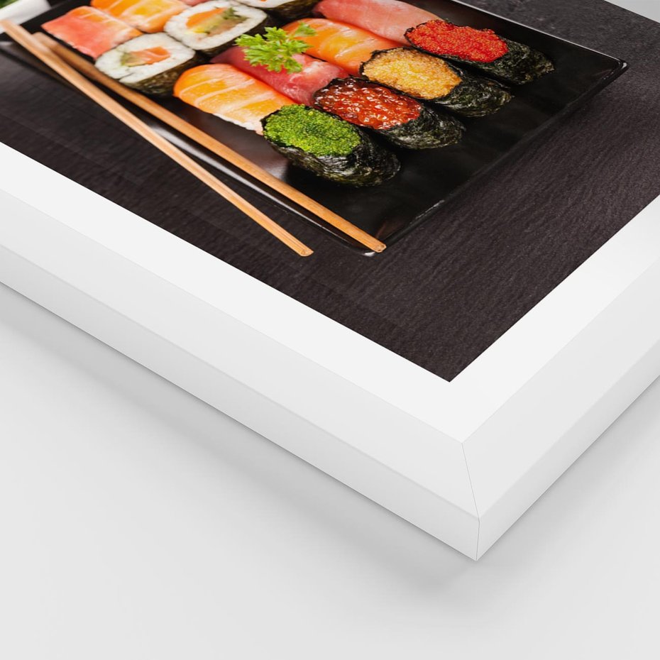 Plakat w ramie 50x70 - Kulinarne podróże do Japonii - sushi, japonia - rama biała