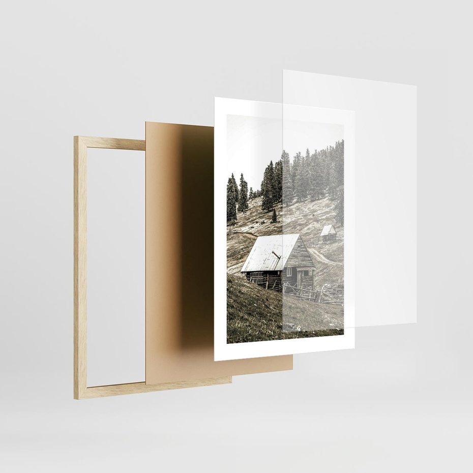 Plakat w ramie 30x40 - Ustronne Chatki w Górach - rustykalne domki w górach, sepia - rama drewno