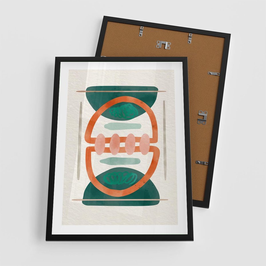 Plakat w ramie 50x70 - Oryginalny obraz abstrakcyjny w nowoczesnym stylu. Geometryczne akwarelowe kształty w intensywnych odcieniach zieleni i pomarańczu. Doskonała dekoracja dla miłośników sztuki. - abstrakcyjny obraz, sztuka nowoczesna - rama czarna