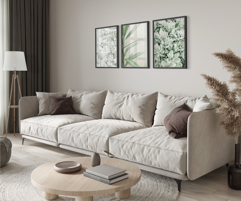 Zestaw obrazy w ramie 50x70 galeria - Liście, zieleń, minimalizm - rama czarna