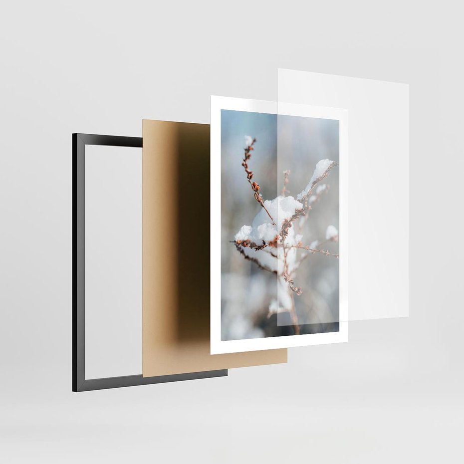 Plakat w ramie 50x70 - Zimowy Urok Natury - gałązki pod śniegiem, natura - rama czarna