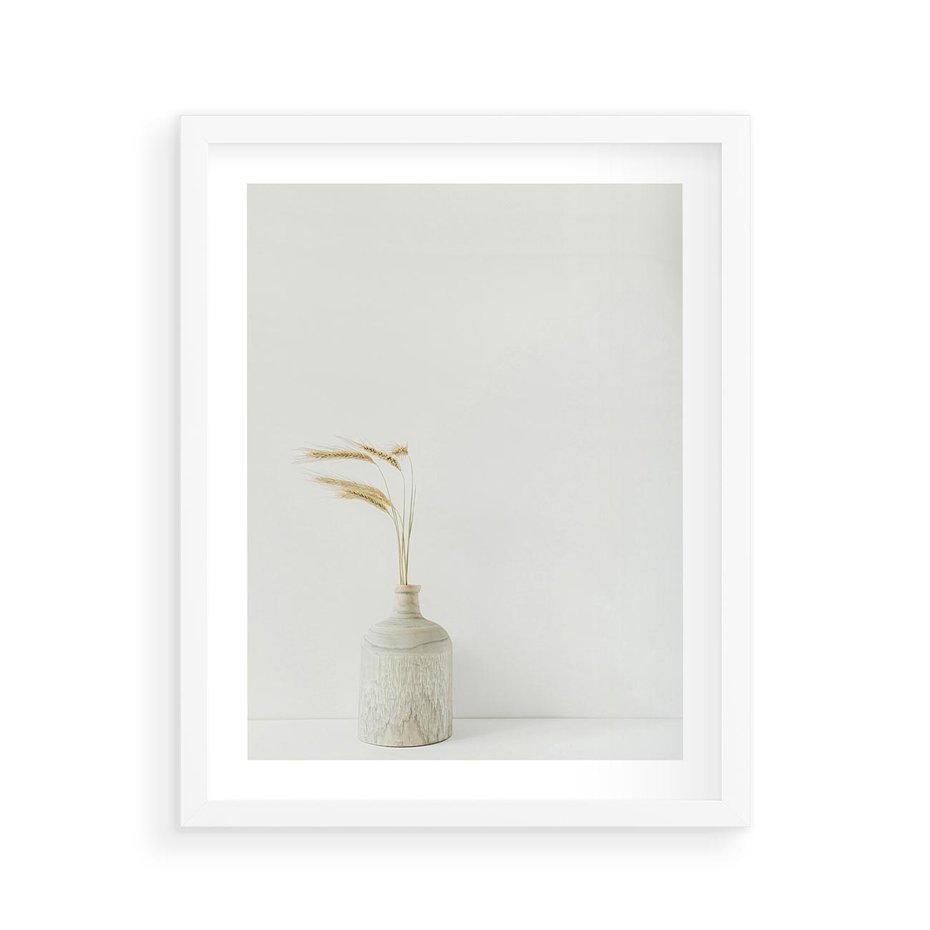 Plakat w ramie 40x50 - Sztuka Prostoty - minimalistyczny wazon, źdźbła traw - rama biała