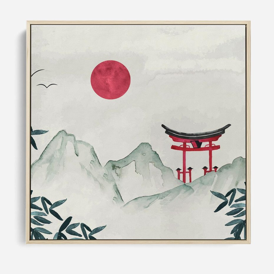 Obraz w ramie 50x50 - Słońce nad Górami - japoński krajobraz, góry - rama drewno