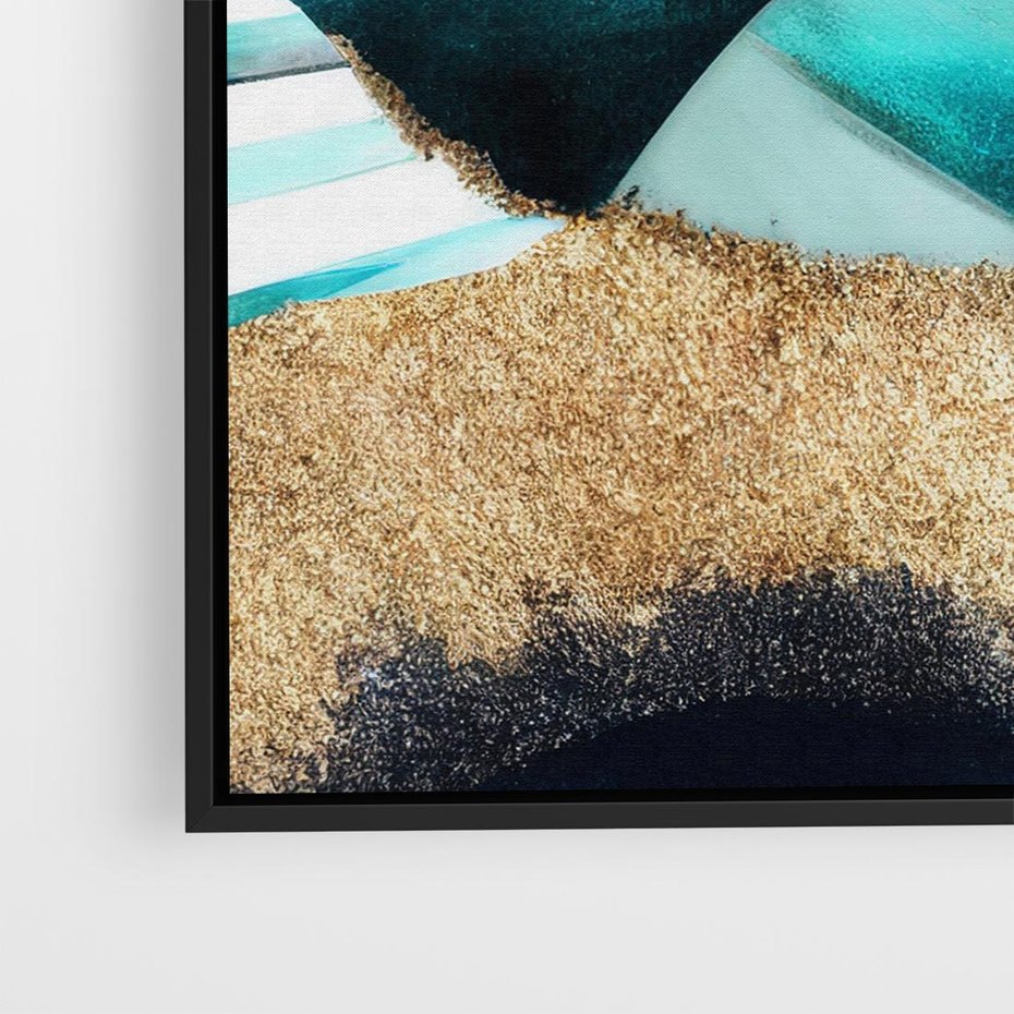 Obraz w ramie 50x50 - Rozlane Turkusy - Turkusowe plamy, złote elementy - rama czarna