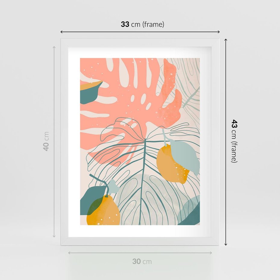 Plakat w ramie 30x40 - Sztuka Natury: Liście Monstery w Pastelach - nowoczesna grafika, pastelowe liście monstery - rama biała