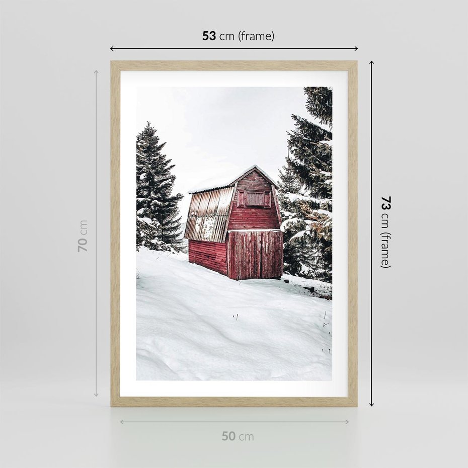Plakat w ramie 50x70 - Domek w Śnieżnych Górach - domek, góry - rama drewno